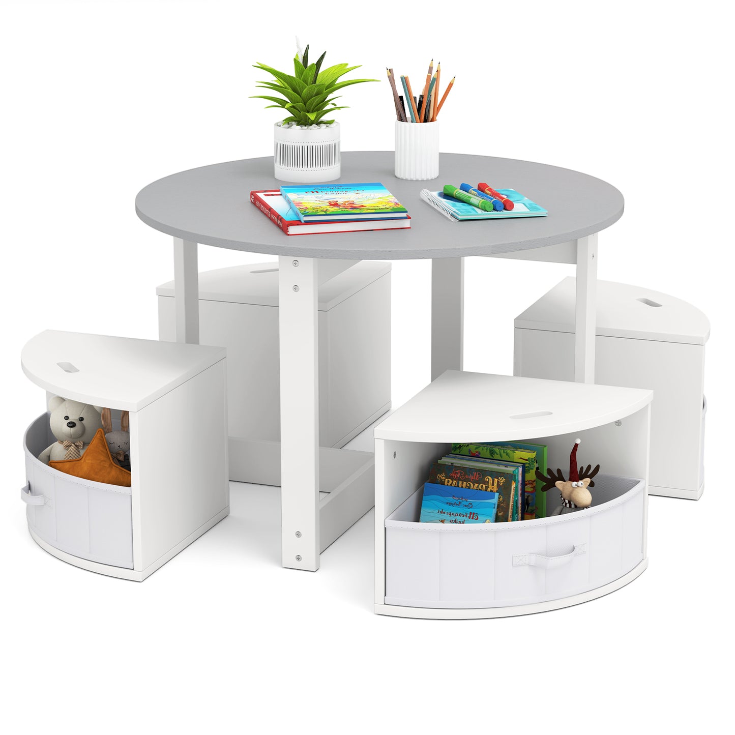 5 Piece Toddler Round Nesting Table with 4 Storage Stools for Activity-Grey
