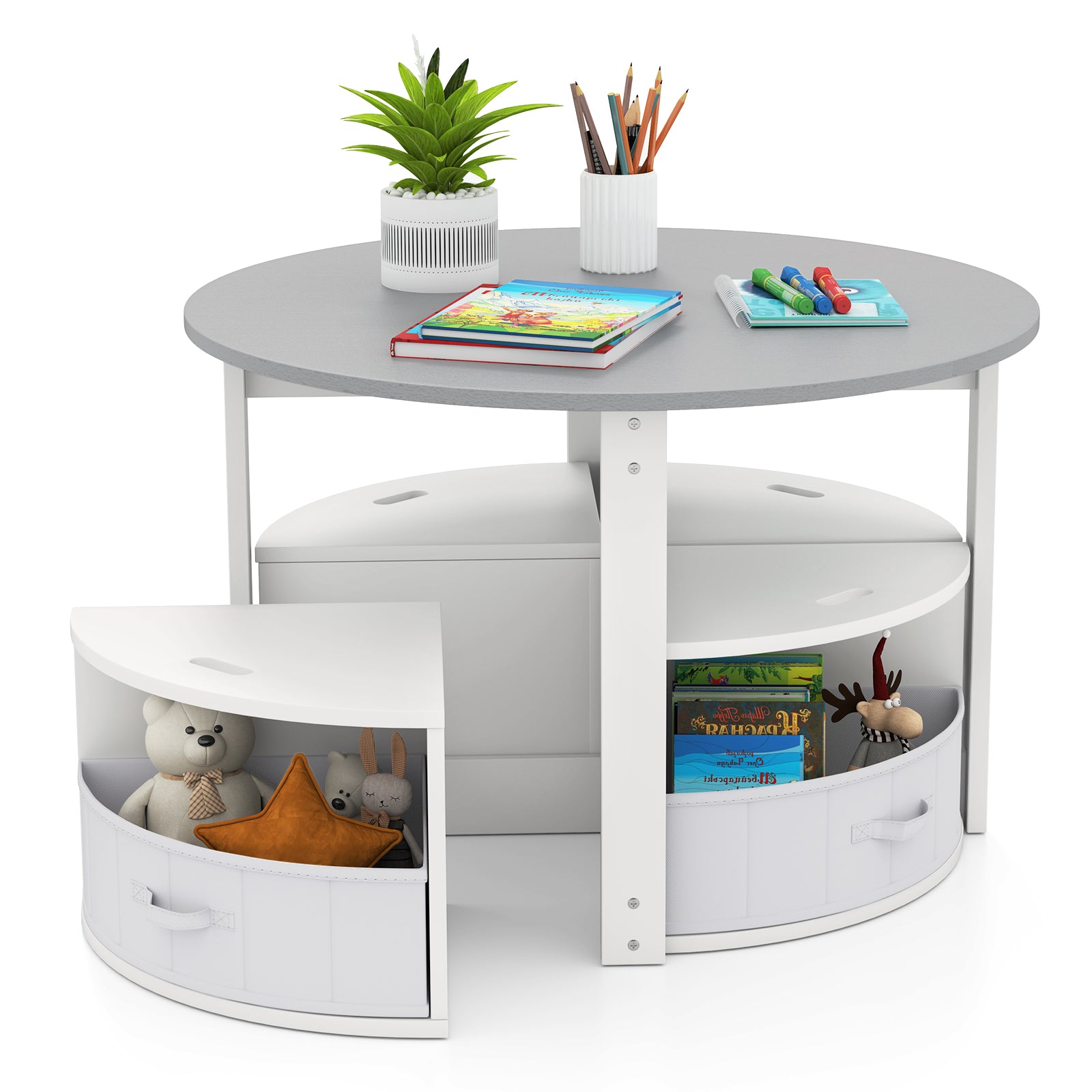 5 Piece Toddler Round Nesting Table with 4 Storage Stools for Activity-Grey