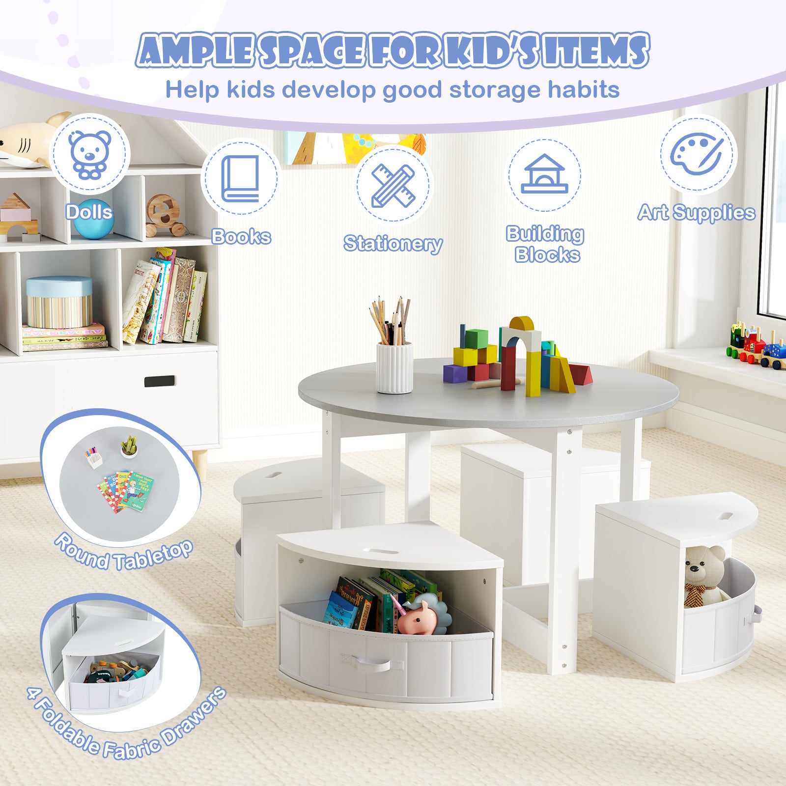 5 Piece Toddler Round Nesting Table with 4 Storage Stools for Activity-Grey