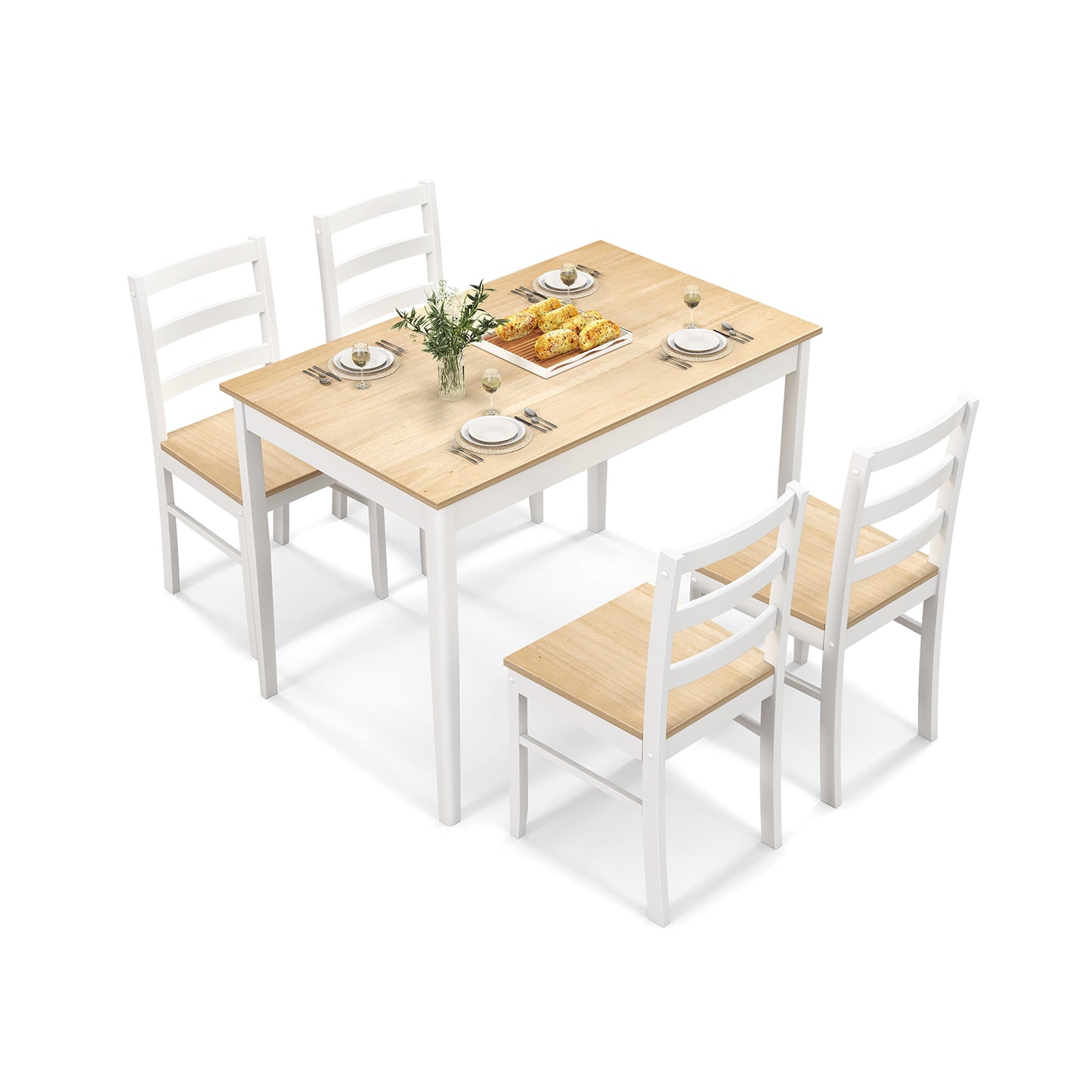 5-Piece Wooden Dining Set with Rectangular Table and 4 Chairs-Gray - Natural