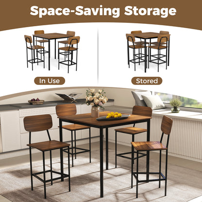 5 Pieces Industrial Dining Table Set with Counter Height Table and 4 Bar Stools-Coffee