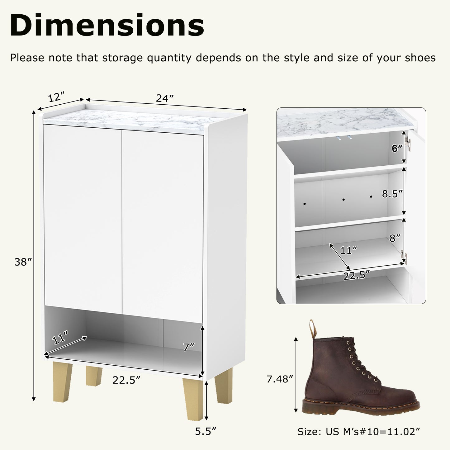 5-Tier Shoe Cabinet with Faux Marble Countertop and Flat Tilting Shelves-White