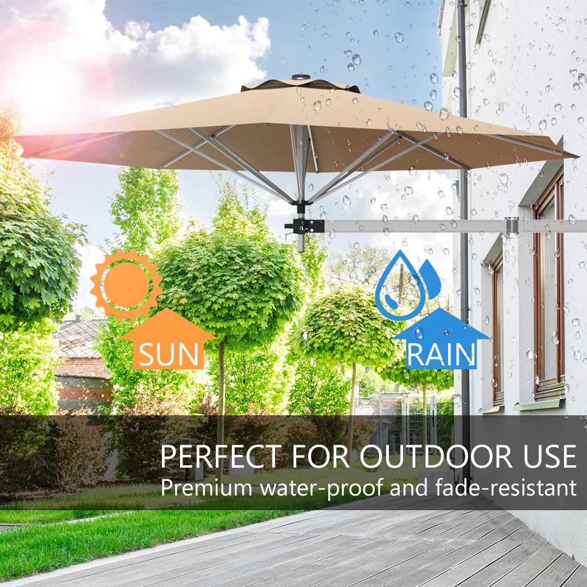 8ft Wall-Mounted Telescopic Folding Tilt Sun Shade Umbrella-Beige