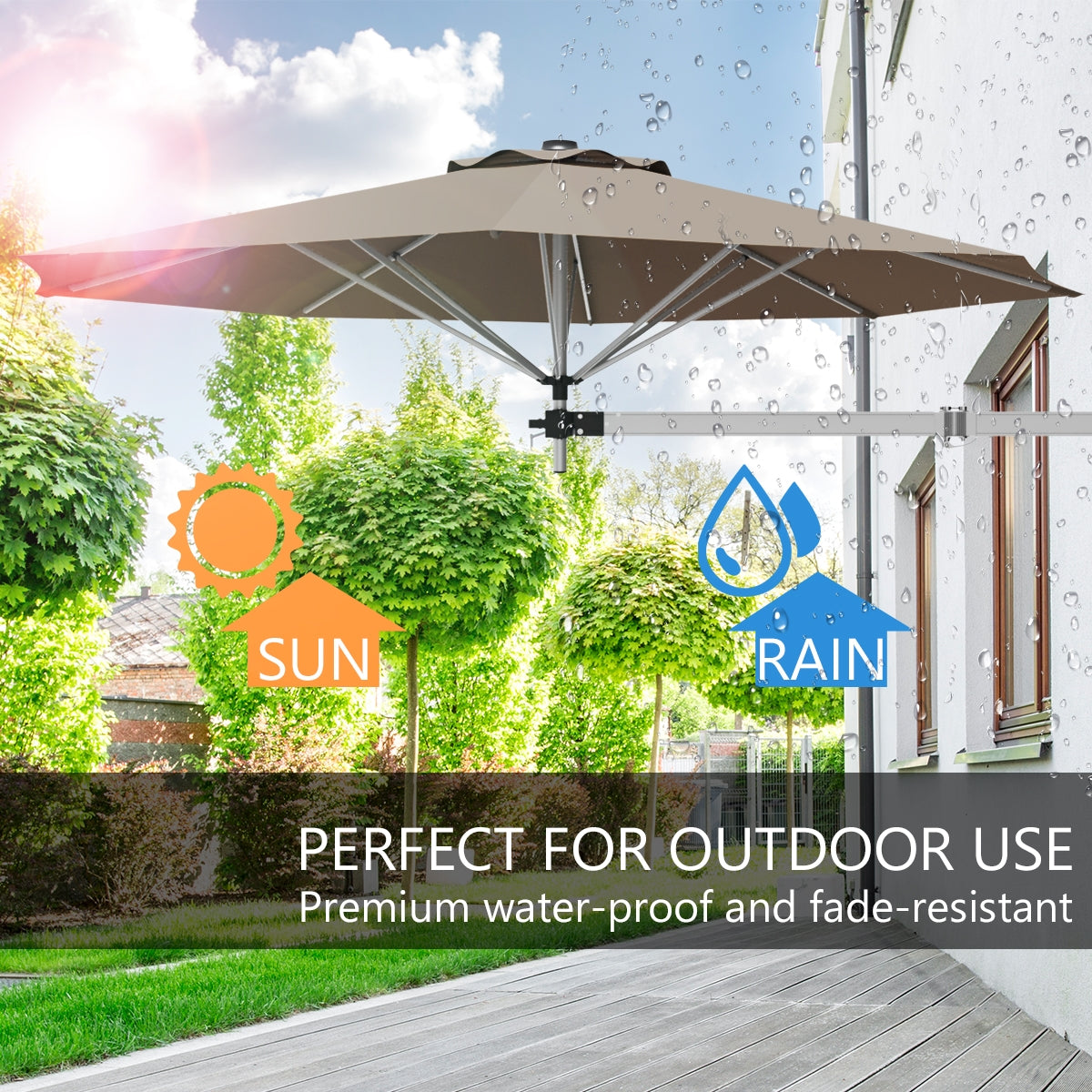 8ft Wall-Mounted Telescopic Folding Tilt Aluminum Sun Shade Umbrella-Tan