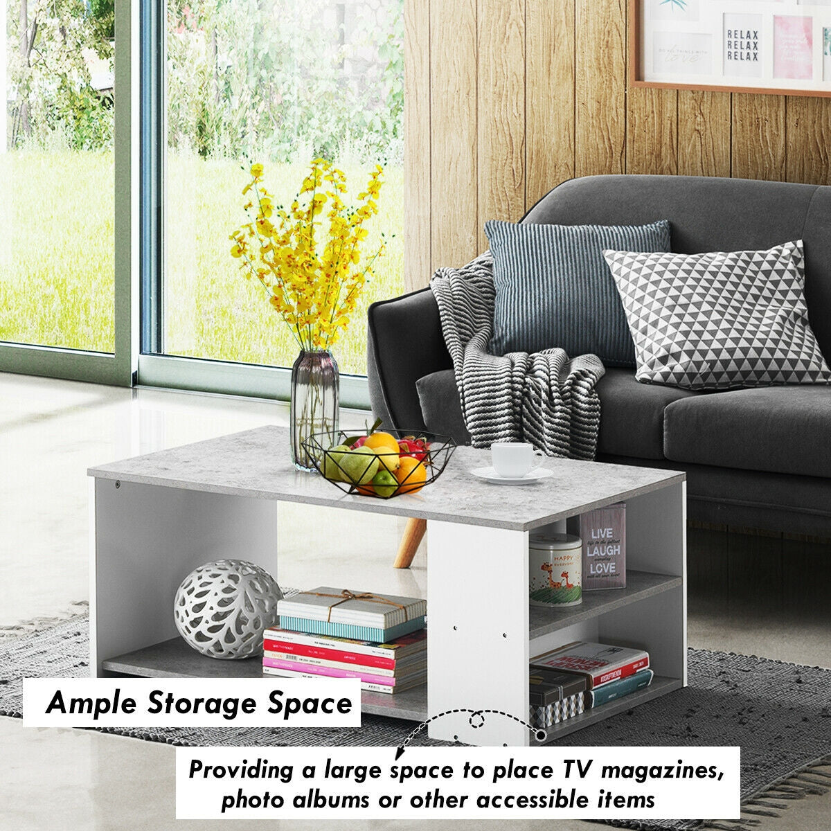 Coffee Table Sofa Side Table with Storage Shelves -Gray