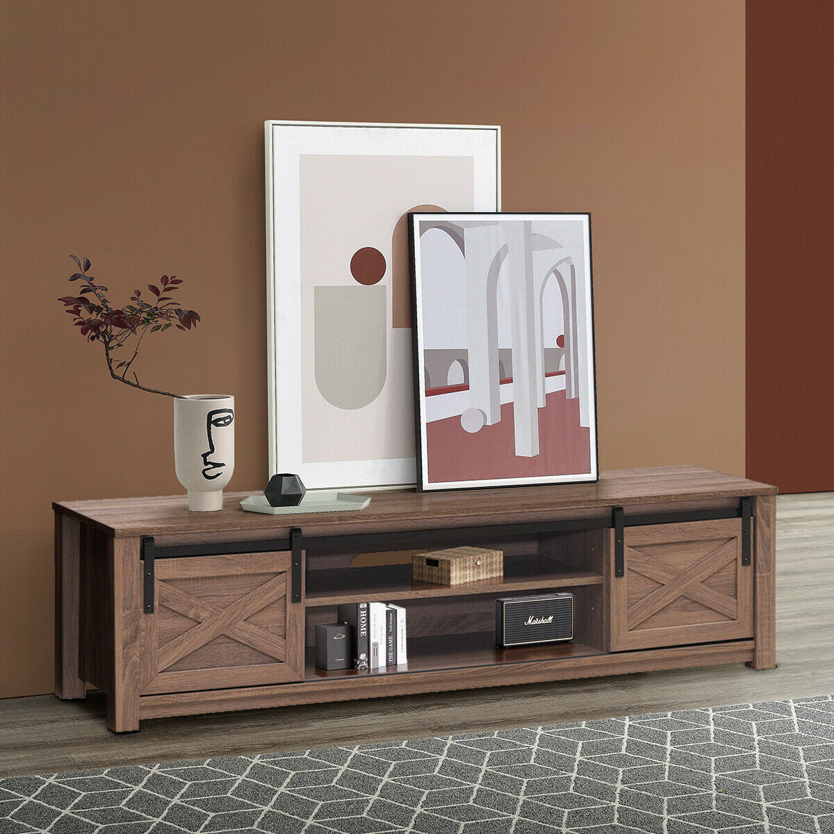 65 Inch Flat Sliding Barn Door TV Stand-Walnut