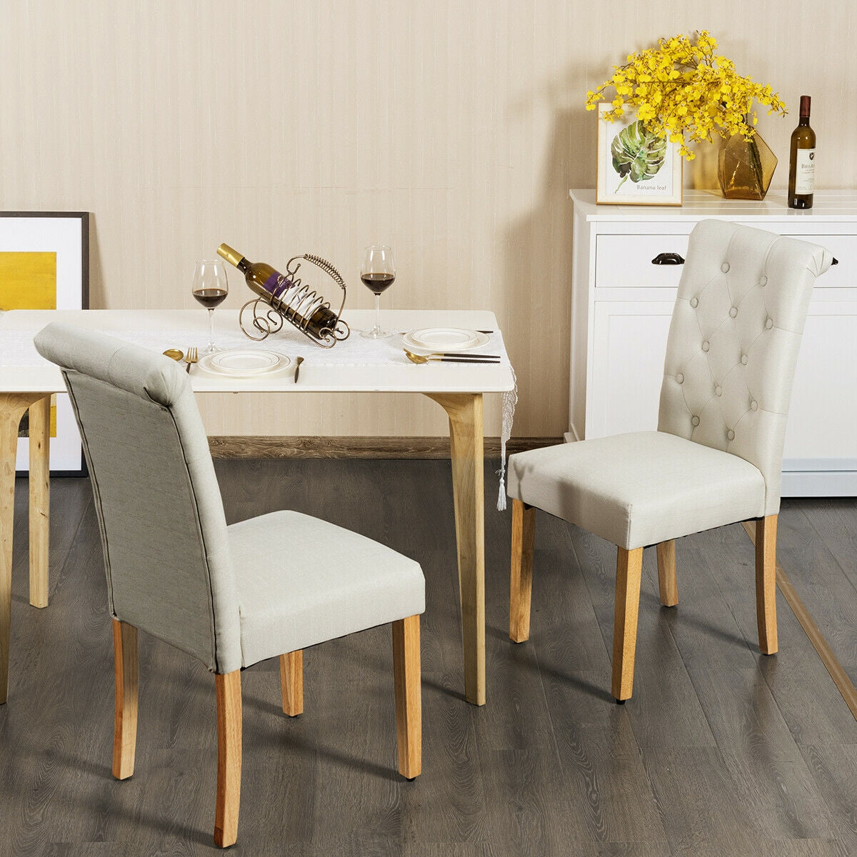 2 Pieces Tufted Dining Chair Set with Adjustable Anti-Slip Foot Pads-Beige
