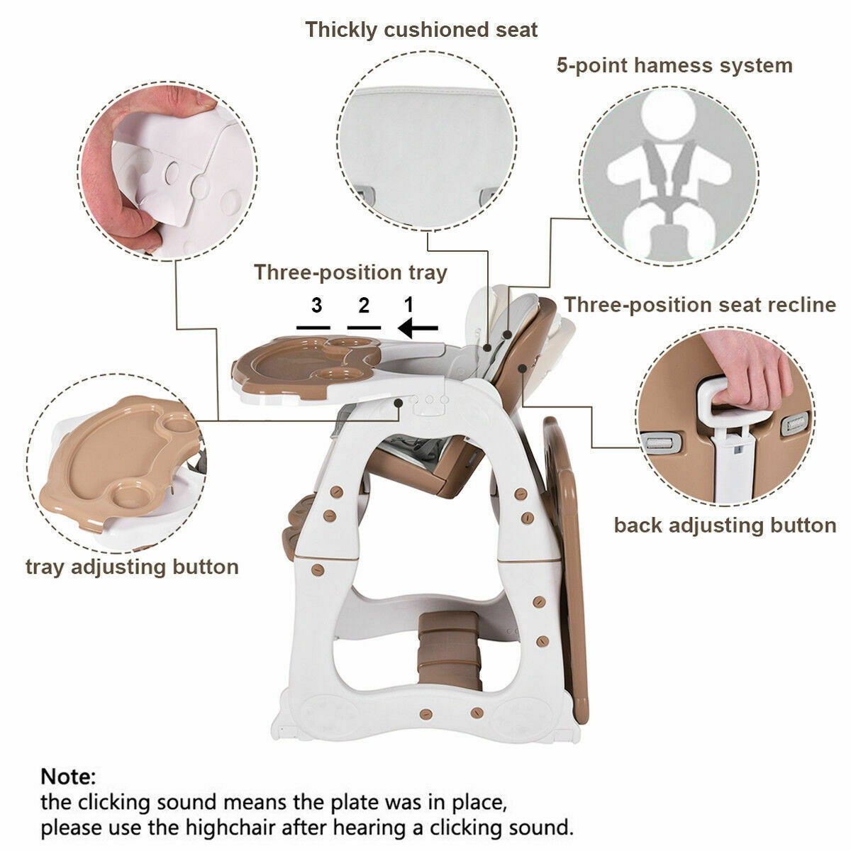 3 in 1 Infant Table and Chair Set Baby High Chair-Beige - Brown