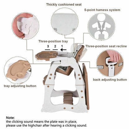 3 in 1 Infant Table and Chair Set Baby High Chair-Beige - Brown