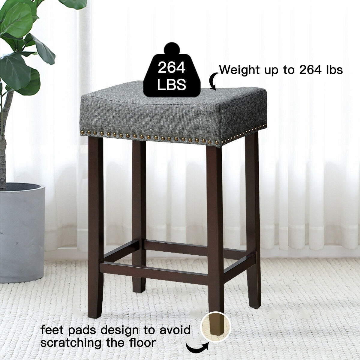 2 Pieces Nailhead Saddle Bar Stools with Fabric Seat and Wood Legs-Gray