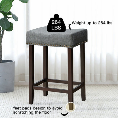 2 Pieces Nailhead Saddle Bar Stools with Fabric Seat and Wood Legs-Gray