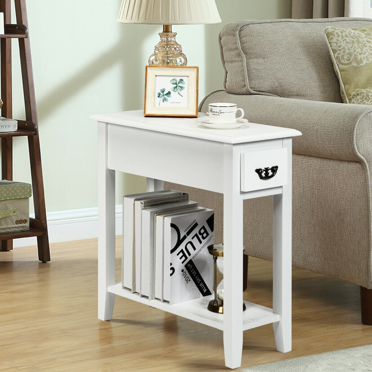 End Table Bedside Sofa End Table Narrow Nightstand with Wooden Legs - White