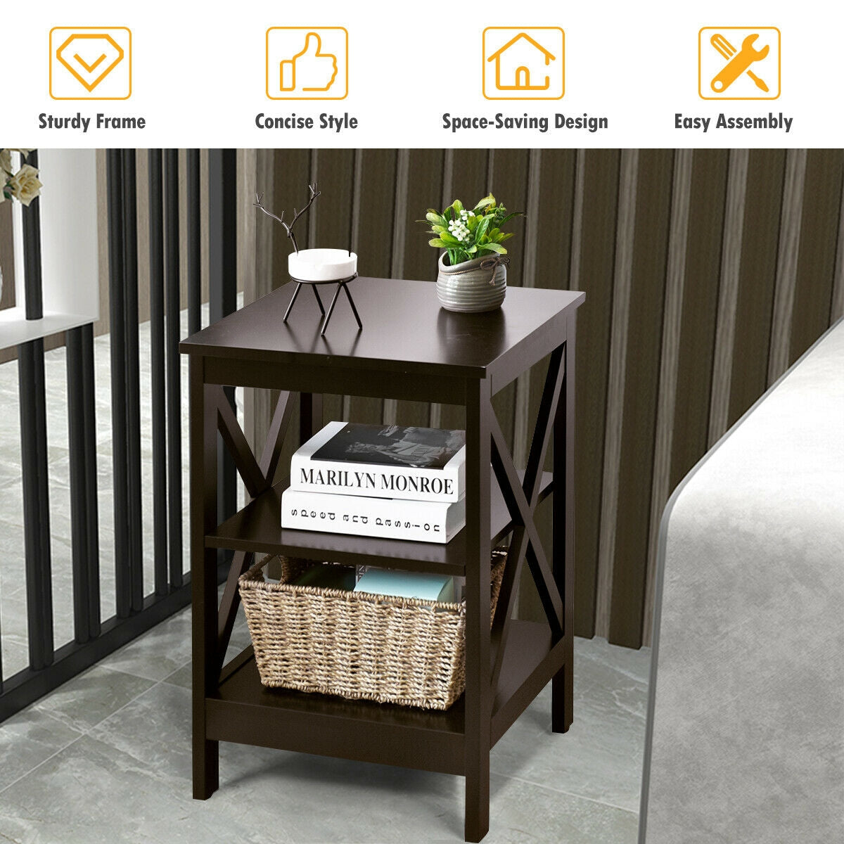 3-Tier Nightstand End Table with X Design Storage -Dark Brown