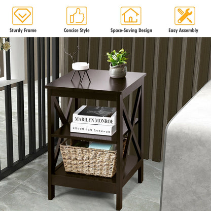 3-Tier Nightstand End Table with X Design Storage -Dark Brown