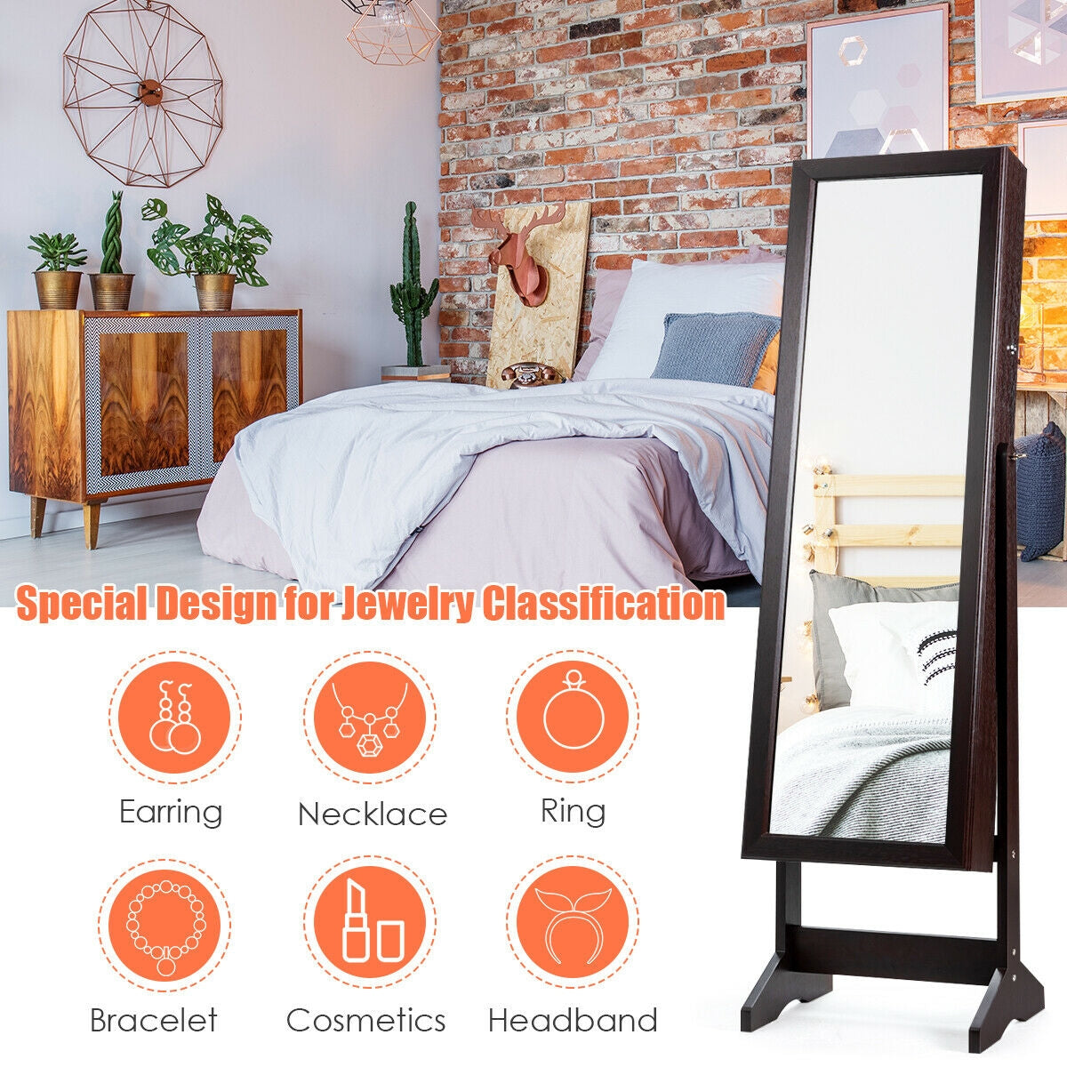 Jewelry Cabinet Stand Mirror Armoire with Large Storage Box-Brown