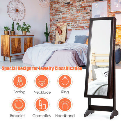 Jewelry Cabinet Stand Mirror Armoire with Large Storage Box-Brown