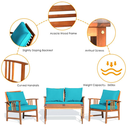 4-Piece Acacia Wood Patio Conversation Set with Cushions