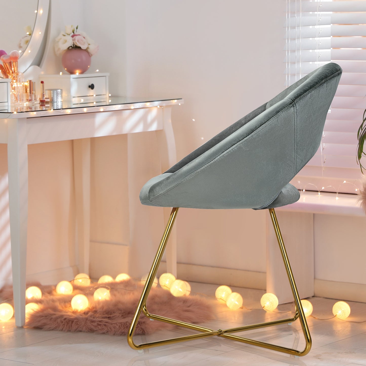 Modern Accent Velvet Dining Arm Chair with Golden Metal Legs and Soft Cushion-Gray