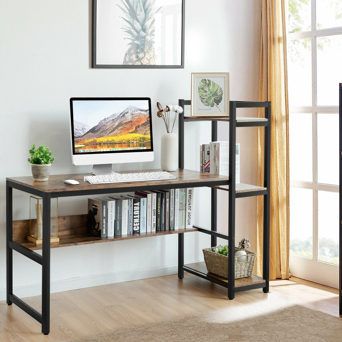 59-Inch Computer Desk Home Office Workstation 4-Tier Storage Shelves-Rustic Browm