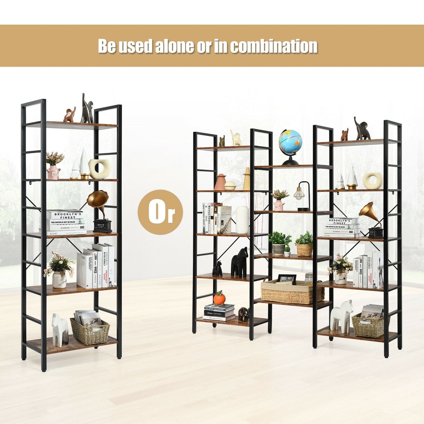 Vintage Triple Wide 5-Tier Bookcase Large Bookshelf Display Storage Shelf-Brown
