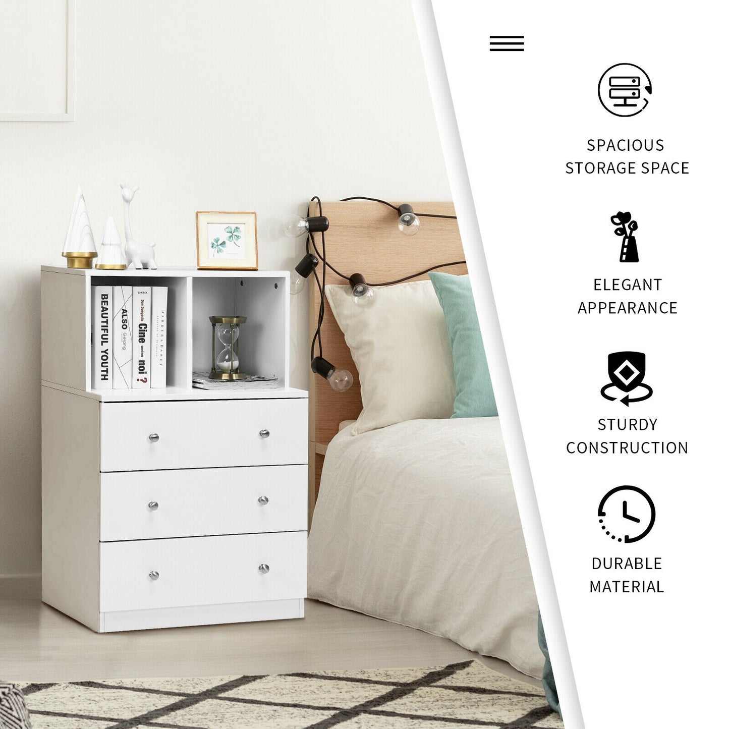 3 Drawer Dresser with Cubbies Storage Chest for Bedroom