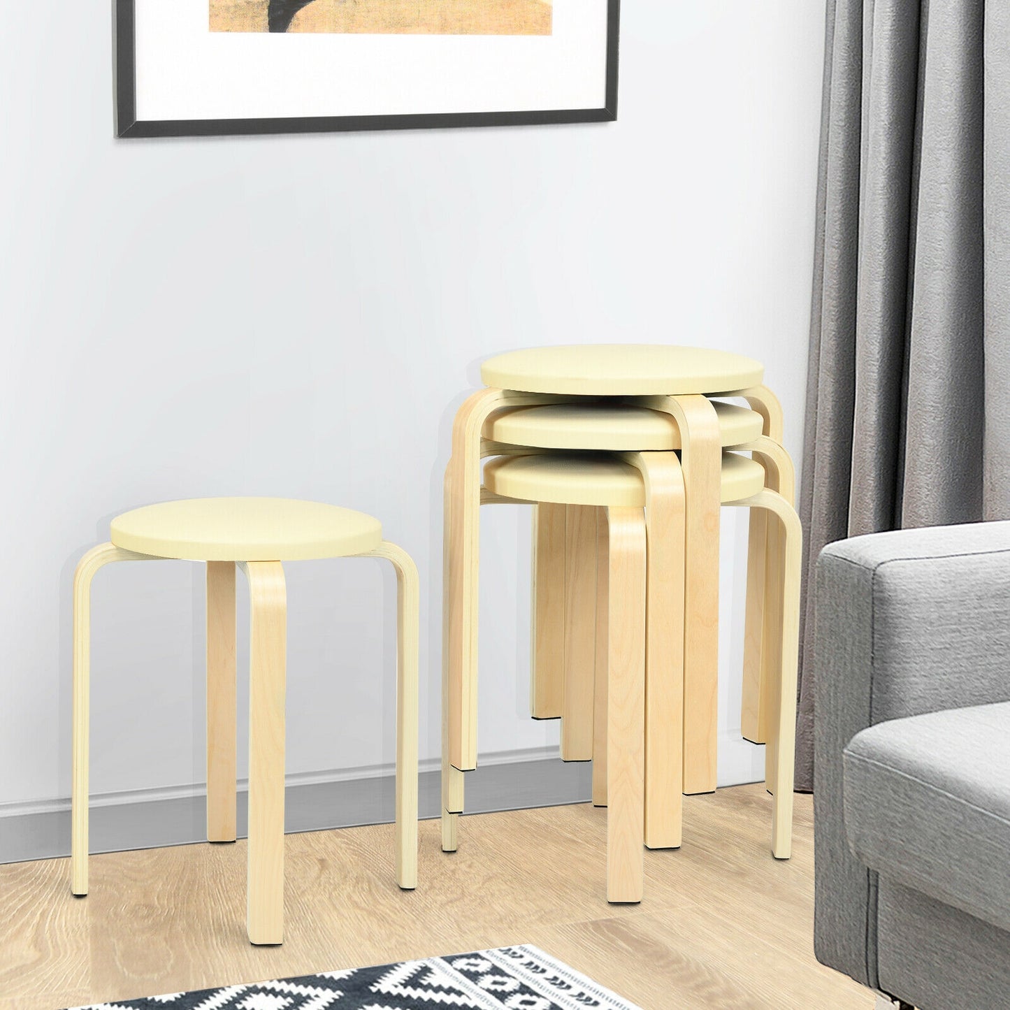 Set of 4 Bentwood Round Stool Stackable Dining Chairs with Padded Seat-Beige