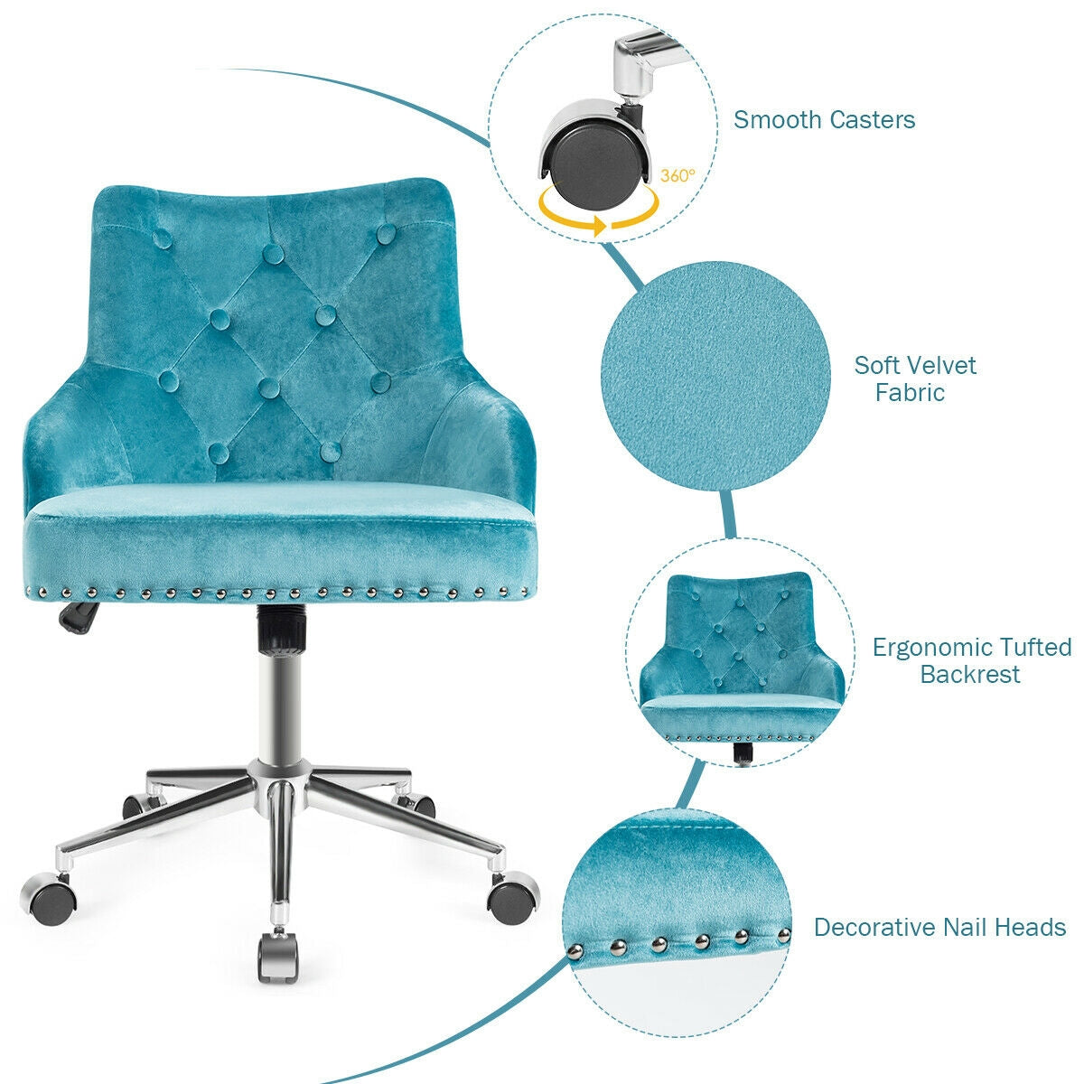 Tufted Upholstered Swivel Computer Desk Chair with Nailed Tri-Turquoise