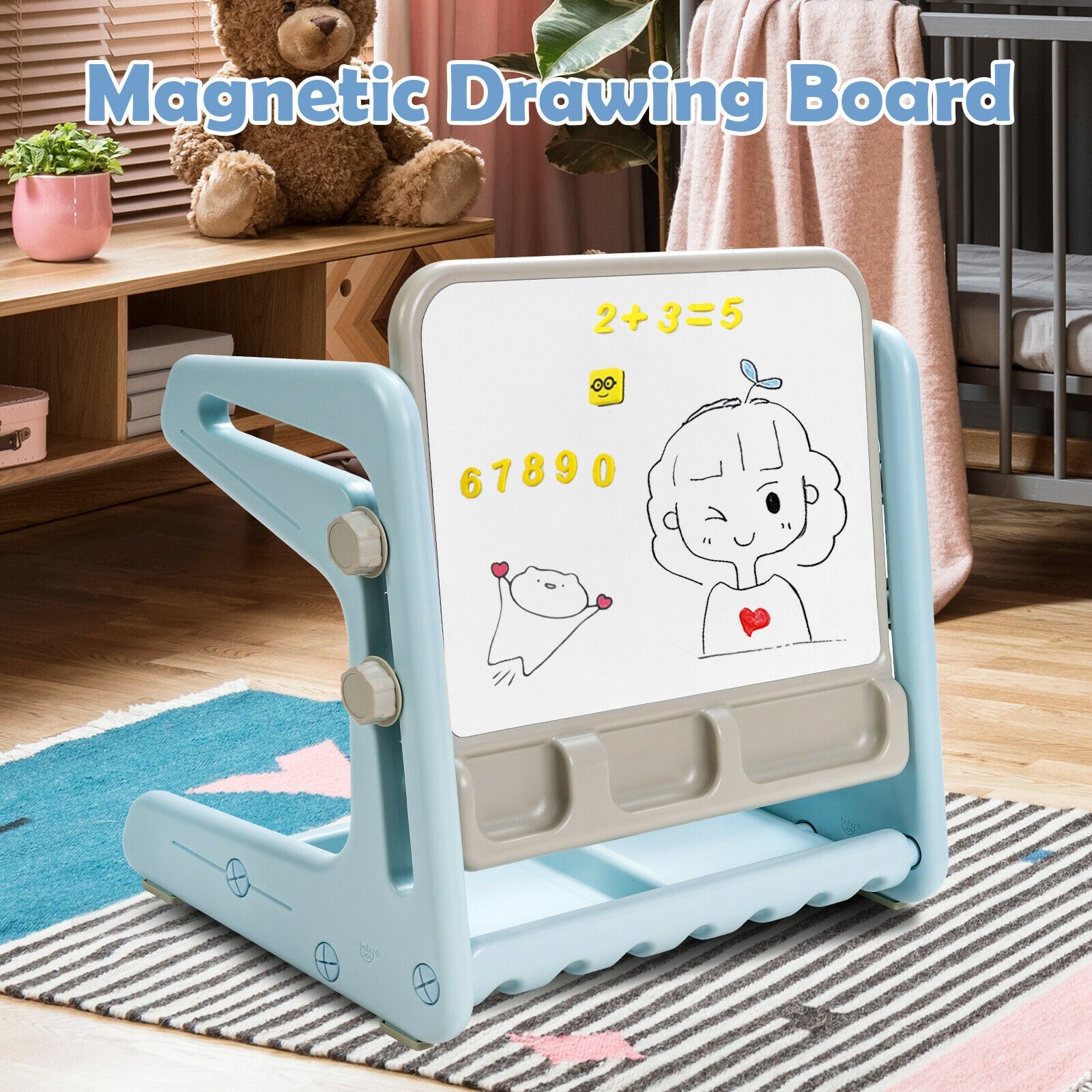 2 in 1 Kids Easel Table and Chair Set with Adjustable Art Painting Board-Blue