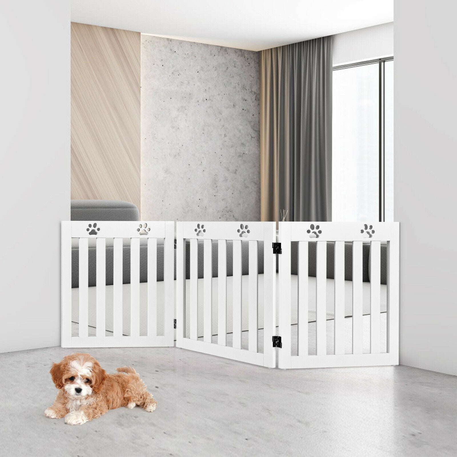 24 Inch Folding Wooden Freestanding Dog Gate with 360¬∞ Flexible Hinge for Pet-White