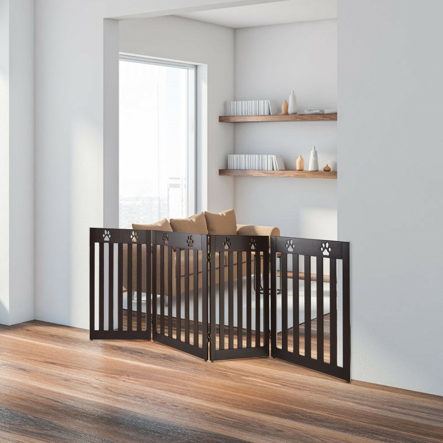 24 Inch Folding Wooden Freestanding Pet Gate Dog Gate with 360¬∞ Hinge -Dark Brown