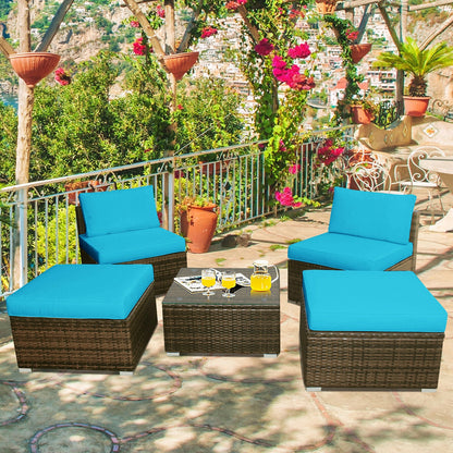 5 Pieces Patio Rattan Furniture Set with Cushioned Armless Sofa-Turquoise