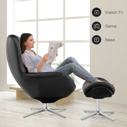 360¬∞ ¬†Swivel Leather Lounge Chair with Ottoman and Aluminum Alloy Base-Black
