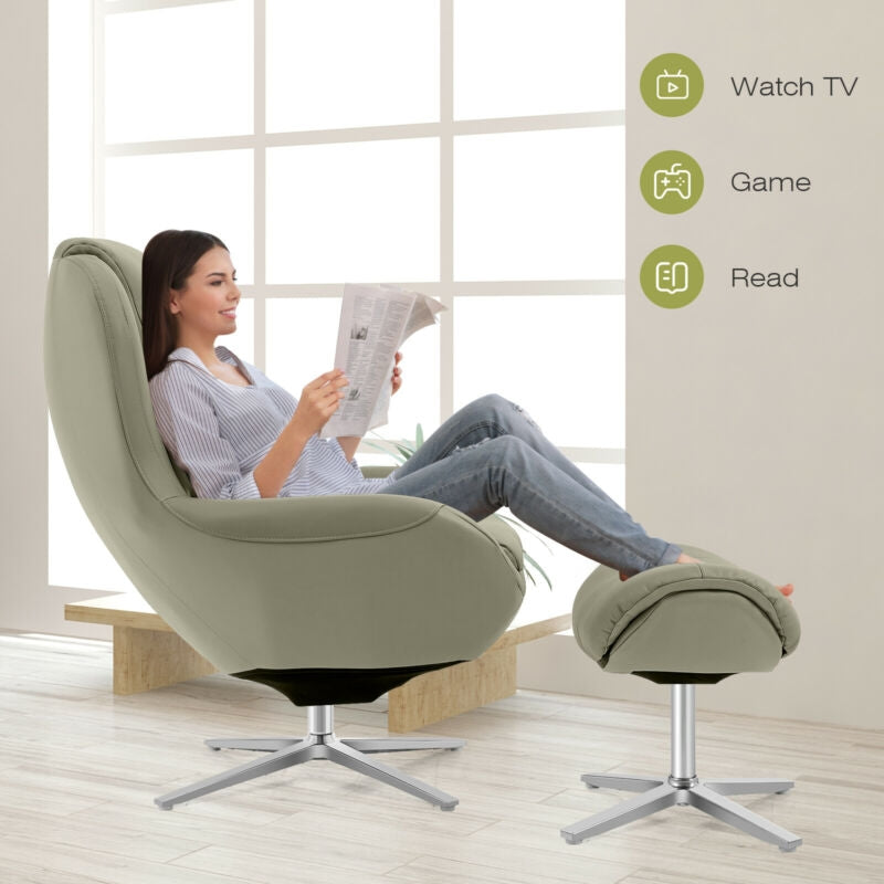 360¬∞ ¬†Swivel Leather Lounge Chair with Ottoman and Aluminum Alloy Base-Gray