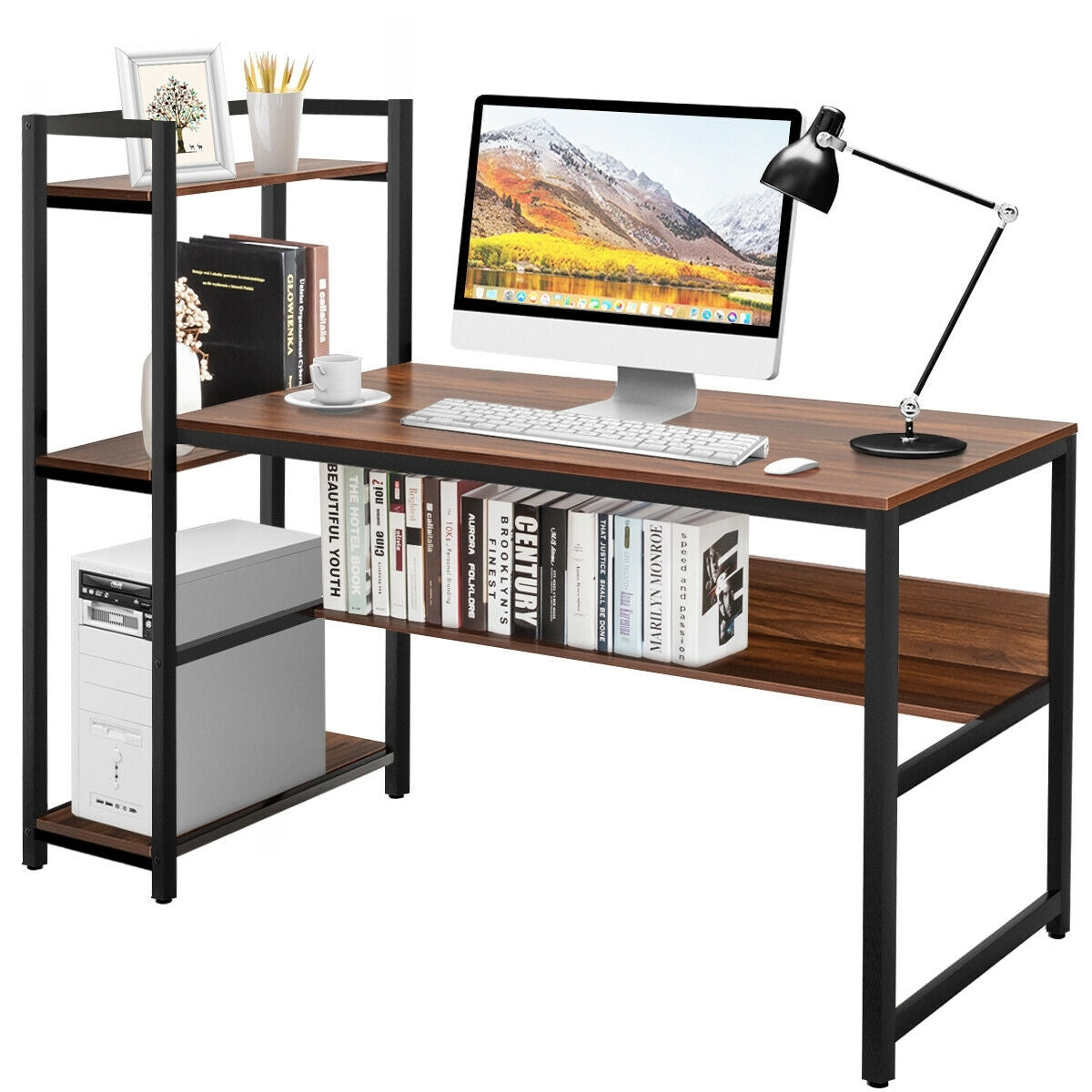 59-Inch Computer Desk Home Office Workstation 4-Tier Storage Shelves-Walnut