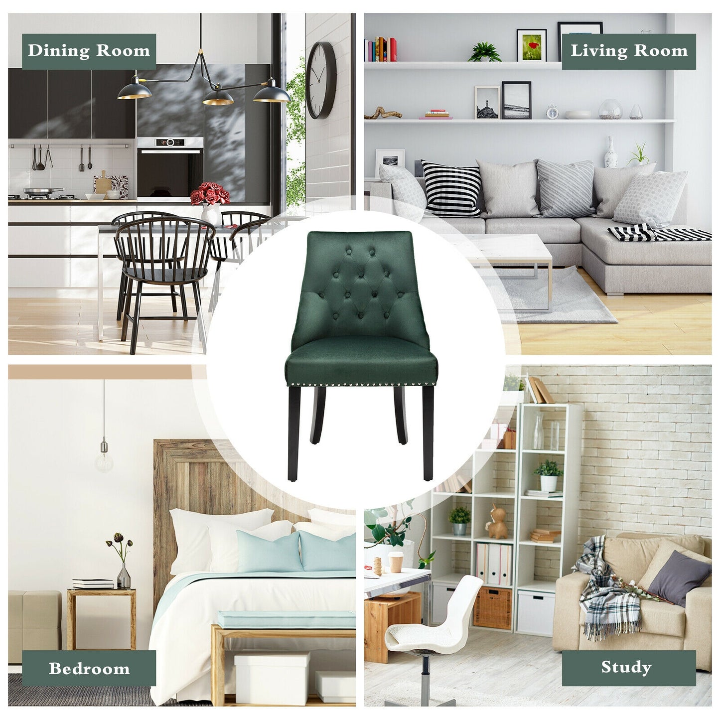 Modern Upholstered Button-Tufted Dining Chair with Naild Trim-Dark Green
