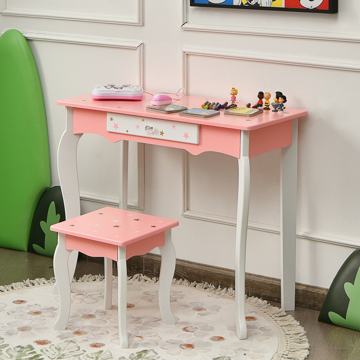 Kids Princess Vanity Table and Stool Set with Tri-folding Mirror and Drawer