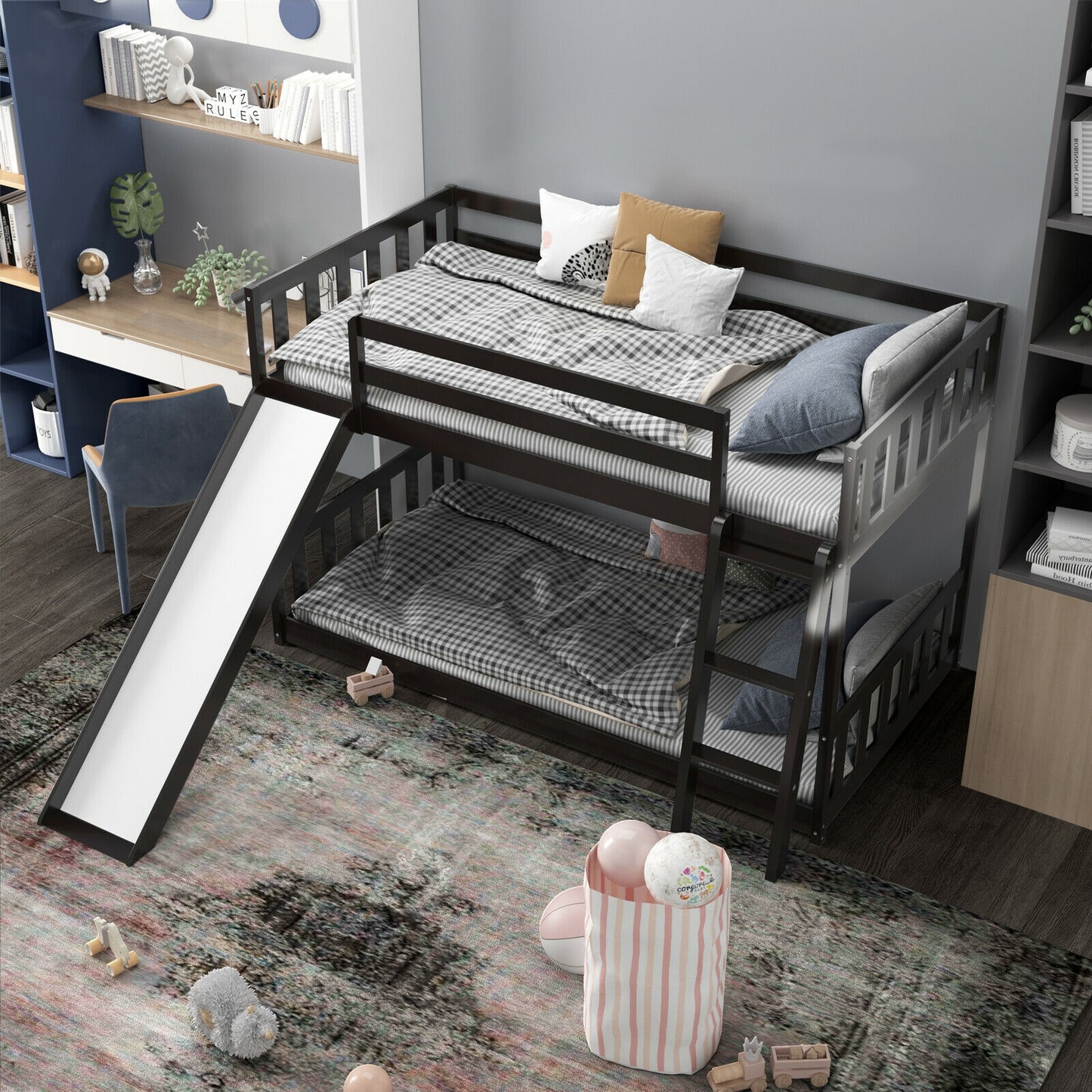 Twin over Twin Bunk Wooden Low Bed with Slide Ladder for Kids-Dark Brown