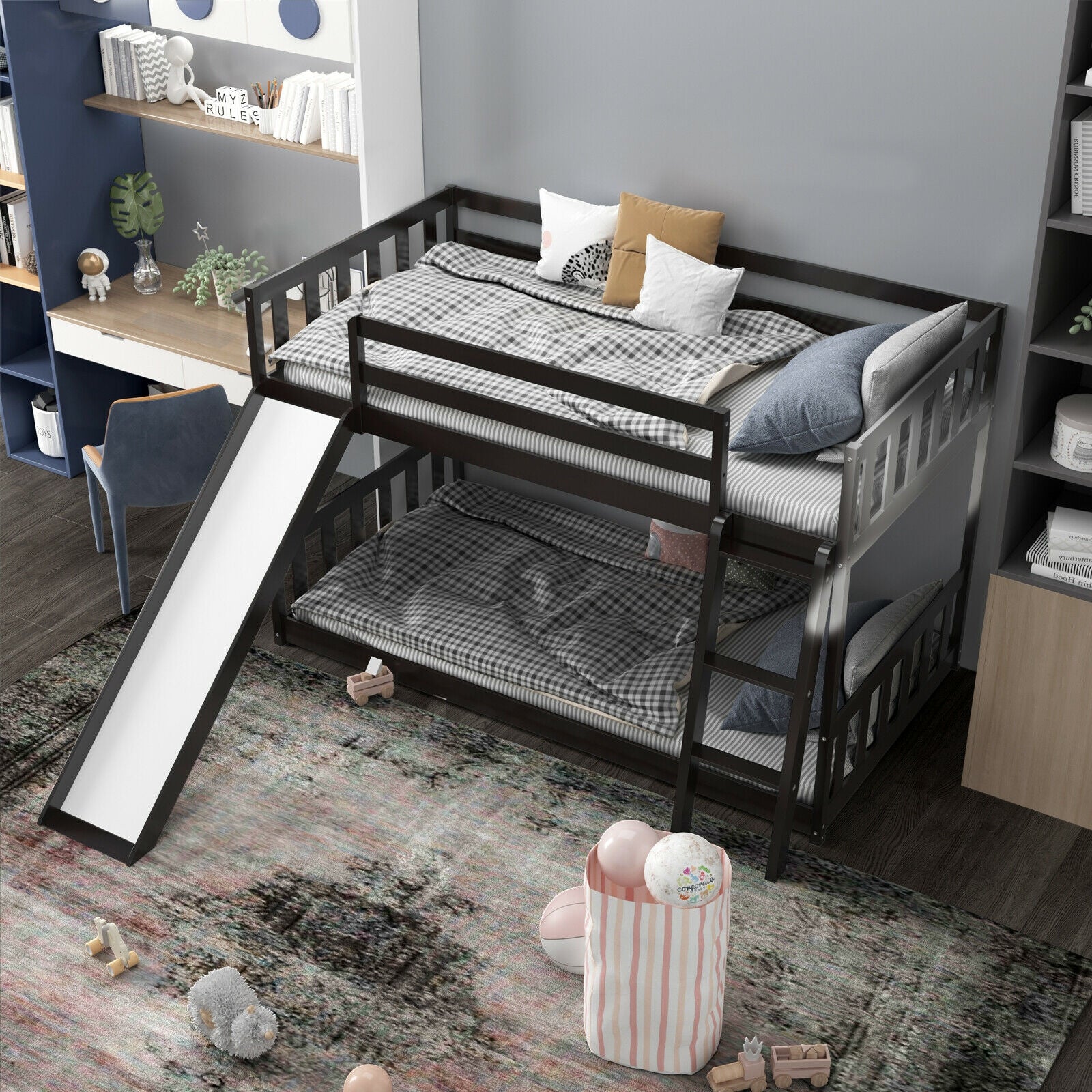 Twin over Twin Bunk Wooden Low Bed with Slide Ladder for Kids-Dark Brown