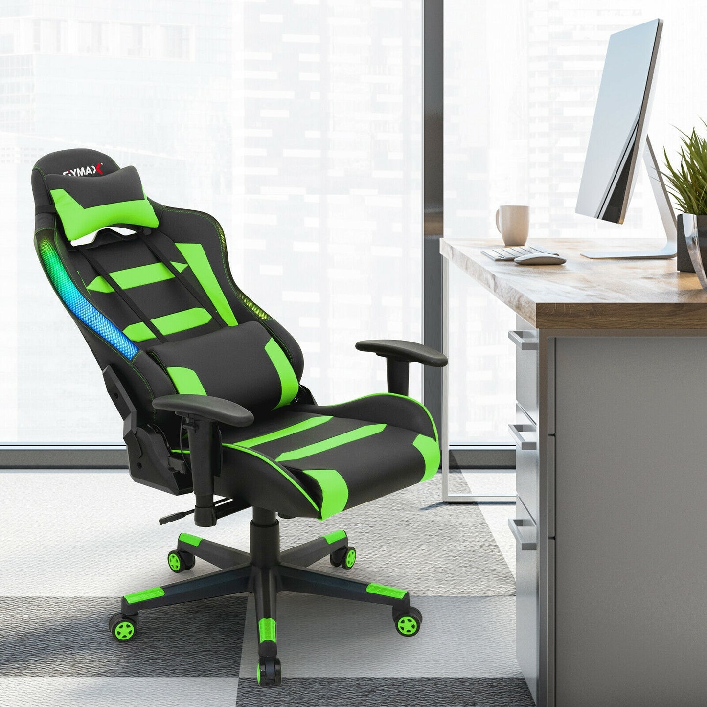 Adjustable Swivel Gaming Chair with LED Lights and Remote-Green