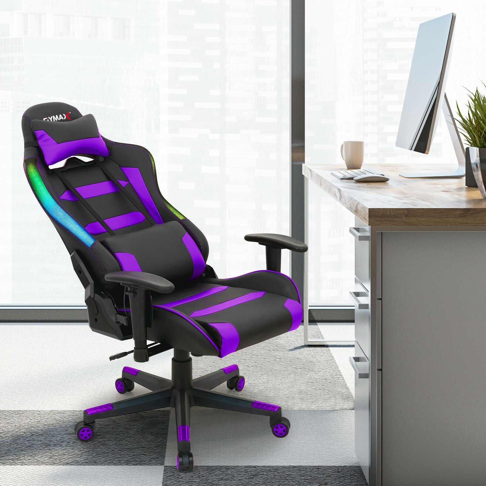 Adjustable Swivel Gaming Chair with LED Lights and Remote-Purple