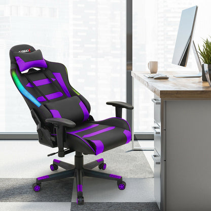Adjustable Swivel Gaming Chair with LED Lights and Remote-Purple
