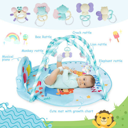 Baby Activity Play Piano Gym Mat with 5 Hanging Sensory Toys-Blue