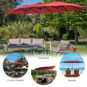 15 Feet Double-Sided Twin Patio Umbrella with Crank and Base-Red