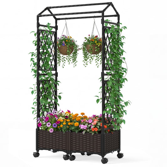5.5 FT Self-Watering Planter Boxes with Lattice Trellis and Roof