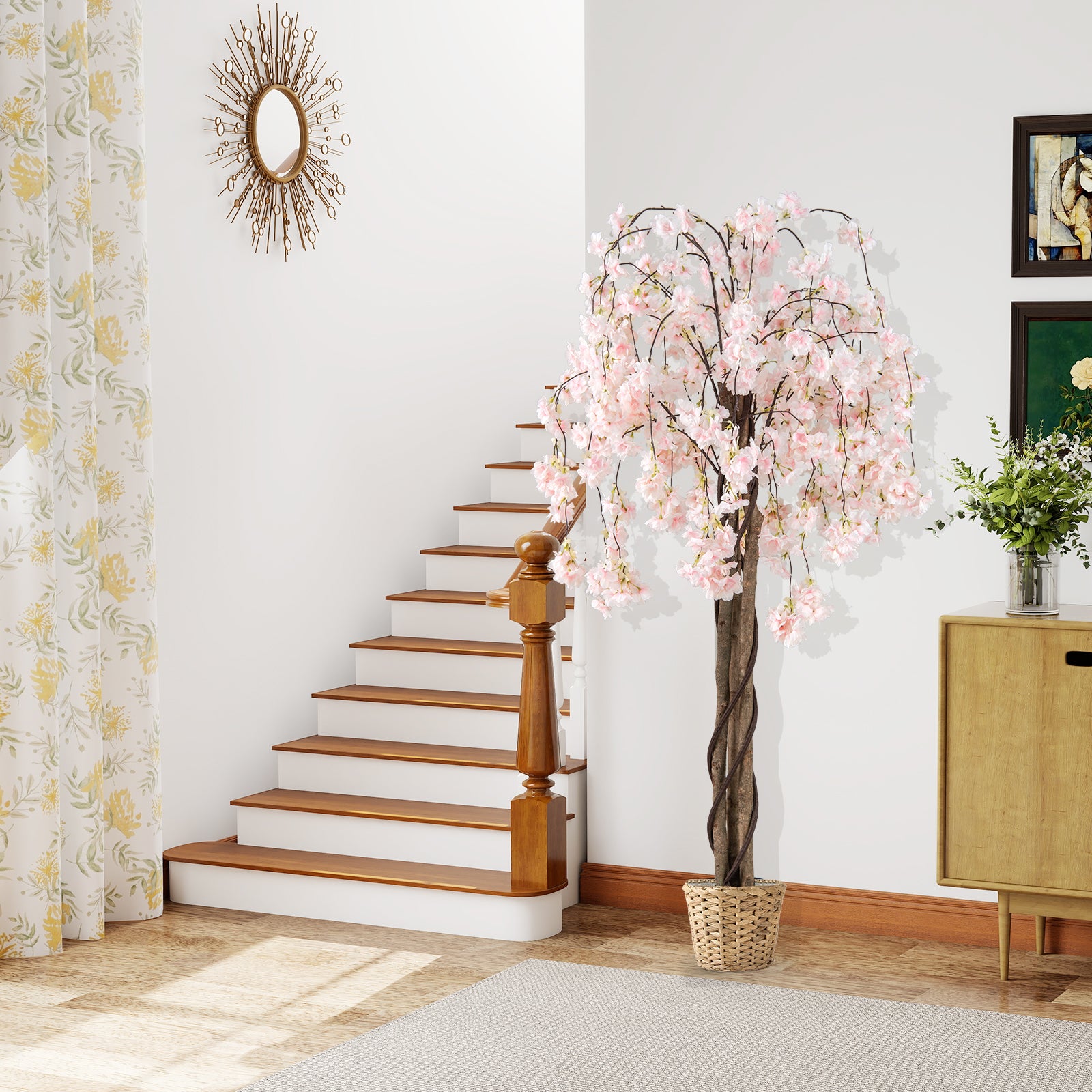 5.5 FT Tall Artificial Cherry Blossom Tree with Pink/White Flowers 1 Pack-White