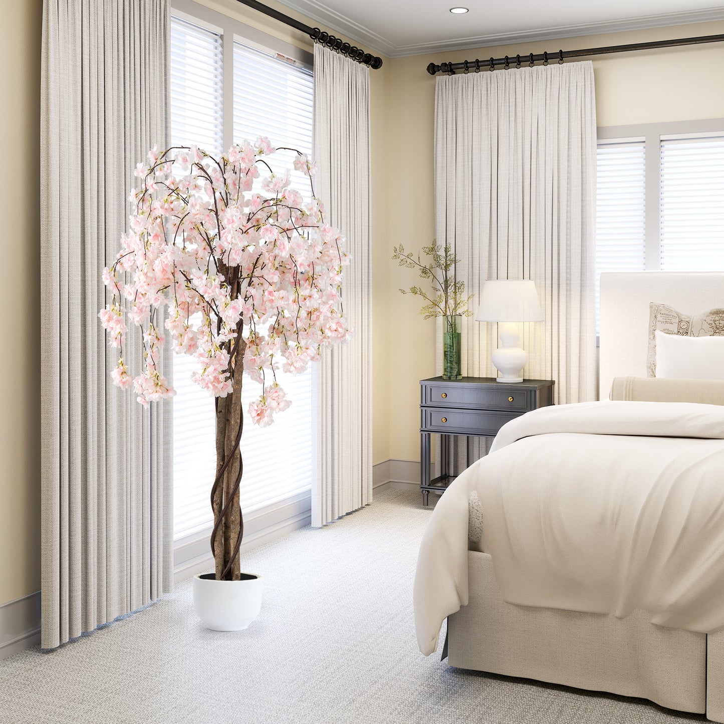 5.5 FT Tall Artificial Cherry Blossom Tree with Pink/White Flowers 2 Pack-White