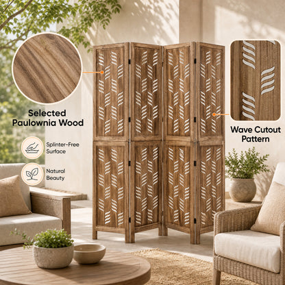 4-Panel Room Divider with Wave Cutout & Paulownia Frame