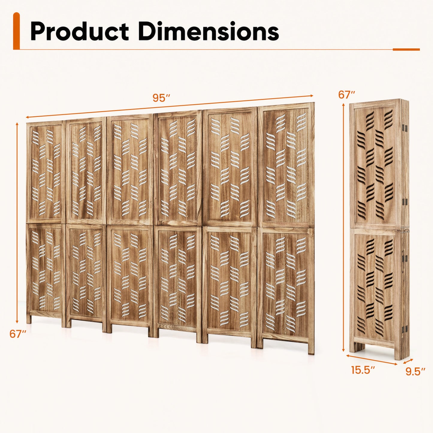 6-Panel Room Divider with Wave Cutout - 95" Paulownia Wood