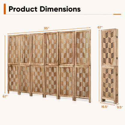 6-Panel Room Divider with Wave Cutout - 95" Paulownia Wood