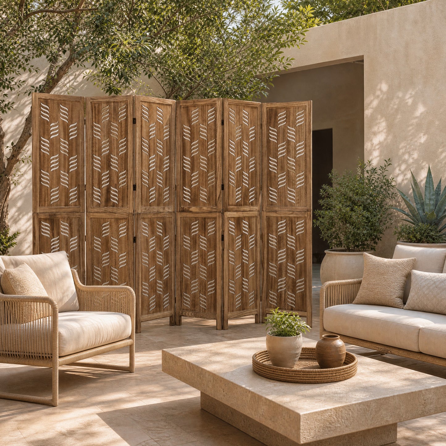 6-Panel Room Divider with Wave Cutout - 95" Paulownia Wood